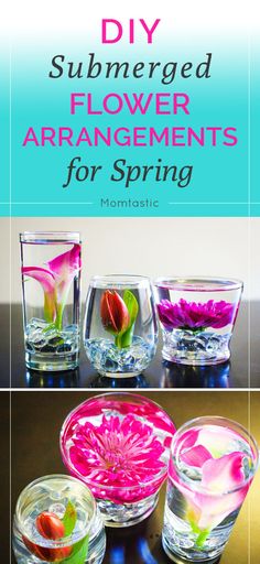 three different vases with flowers in them and the words diy submerged flower arrangements for spring