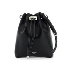 The Bon Bon Mini Leather Bucket Bag by Jimmy Choo is made of smooth leather with a silver printed logo lettering and a drawstring closure featuring a metal Diamond detail. The interior is lined in leather and the adjustable and removable strap adds versatility. The metallic accessories have an antique silver finish.