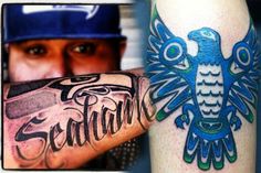 a man with a tattoo on his arm next to an image of a blue bird