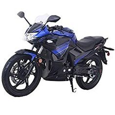 a blue and black motorcycle is shown on a white background