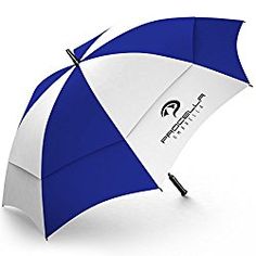 an open umbrella with white and blue stripes