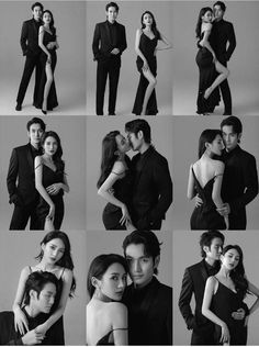 black and white photos of people in formal wear, posing for the camera with their arms around each other