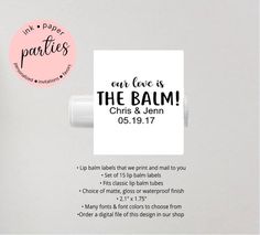 Product specifications: *We print and ship these lip balm labels to you - THIS IS NOT A DIGITAL FILE OR INSTANT DOWNLOAD *Listing is for 15 LIP BALM LABELS, change the quantity above to the amount of lip balm labels you need before adding to your cart. *Each lip balm label measures approximately 2.1 inches x 1.75 inches (5.33cm x 4.44cm) *Labels are self-adhesive and pre-cut. Note - Colors may vary on different screens; colors may also print slightly different than what appears on your screen. We try to display the true color as closely as possible. How do I send you my info? During the checkout process, enter your information in the Message to Seller section. Don't worry about proper capitalization or punctuation; we can fix all that for you, just make sure you spell everything correctly. Lip Balm Label, Lip Balm Labels, Lip Balm Tubes, Personalized Favors, Bridal Shower Party, Punctuation, Shower Party, Personalized Custom, Don't Worry