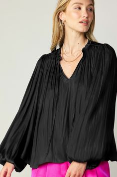 Delicate pleats enhance the billowy shape if this long-sleeve blouse. Featuring a split neckline with ruffle trim and tie detailing, it's loose, floaty, and incredibly romantic. •Split neckline with self-tie •Ruffle trim •Pleat detailing •Long sleeves with elasticized cuffs •Relaxed fit item number 2330055 100% Polyester Hand wash cold