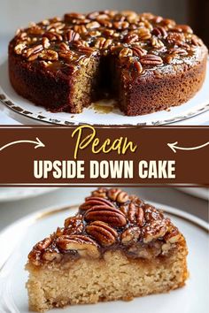 pecan upside down cake on a white plate