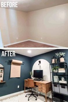 before and after photos of a home office