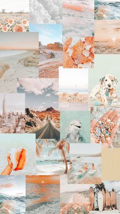 a collage of photos with oranges and white clouds in the background, including an ocean