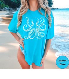 Octopus Comfort Colors Shirt, Trendy Octopus Tshirt, Squid Shirt for Her, Summer Beach Vacation Ocean Marine T Shirt, Nature Lover Gift - Etsy Casual Pre-shrunk T-shirt For Beach, Blue Summer T-shirt For Surfing, Tropical Graphic Print T-shirt For Beach, Fun Beach Tops For Vacation, Fun Vacation Top For Beach Season, Fun Beach Vacation Tops, Fun Top For Vacation And Beach Season, Fun Beach Season Vacation Top, Blue Hawaiian Top For Beach Party