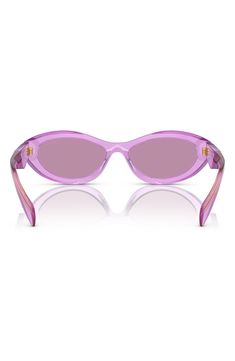 Sleek angles shape these '90s-inspired sunglasses crafted in Italy and fashioned with signature logos at the temples. 55mm lens width; 16mm bridge width; 145mm temple length 100% UV protection Acetate Made in Italy Retro Purple Sunglasses With Tinted Lenses, Retro Purple Sunglasses With Mirrored Lenses, Signature Logos, Hairstyling Products, Rollerball Perfume, Prada Sunglasses, Rectangular Sunglasses, Oval Sunglasses, 90s Inspired