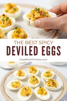 deviled eggs on a plate with text overlay that reads the best spicy deviled eggs