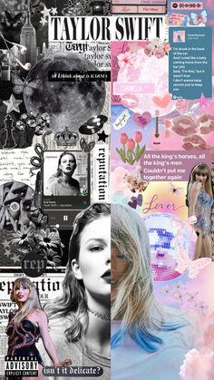 the collage is made up of photos and text, including an image of taylor swift