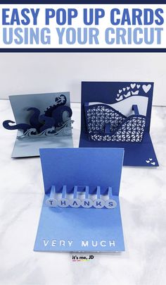 three cards with the words easy pop up cards using your cricut on them