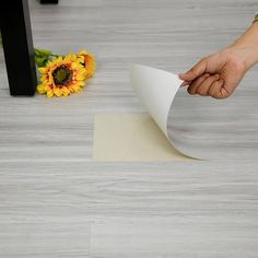 a person holding a piece of paper next to a sunflower on a table top