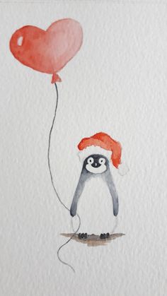 small watercolour painting of a penguin with a christmas had and heart balloon. Made by Martine Scholten Watercolour Penguins Paintings, Water Paint Card Ideas, Watercolor Penguin Christmas, Christmas Inspired Paintings, Cute Watercolour Christmas Cards, Watercolour Painting Christmas Card, Watercolour Painting Christmas, Thank You Christmas Image, Xmas Cards Watercolour