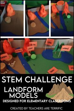 STEM featuring landforms - In this Landform resource students design a landforms model that must display at least ten adjoining landforms. They will use creativity to design and label landform miniatures. Teaching Landforms, Weather Lessons