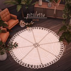 a white doily sitting on top of a wooden floor next to potted plants