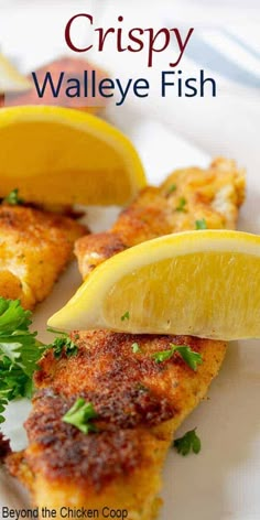 crispy walleye fish on a plate with lemon wedges