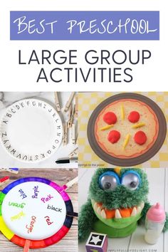 best preschool large group activities including an abc matching game, a color wheel activity, a pizza play dough mat, and a feed the monster abc game Group Activities For Preschoolers, Small Group Activities Preschool, Large Group Activities, Preschool Small Group, Preschool Circle Time Activities, Circle Time Games, Circle Time Activities, Preschool Circle Time, Activities For Preschoolers