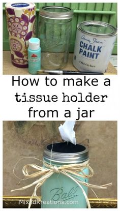 two jars with labels on them that say how to make a tissue holder from a jar