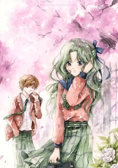 two anime characters standing next to each other in front of pink flowers and tree branches