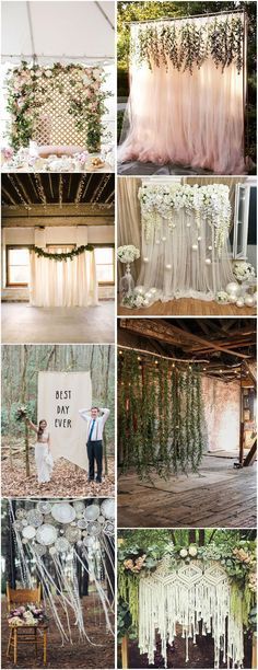 the wedding ceremony was decorated with white flowers and greenery, hanging from the ceiling