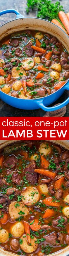 two images showing different types of stew in blue casserole dishes with carrots and parsley on the side