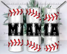 three baseball can coolers with the word mam on them