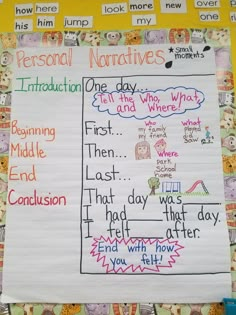 a bulletin board with writing on it that says personal narratives and then the end conclusion