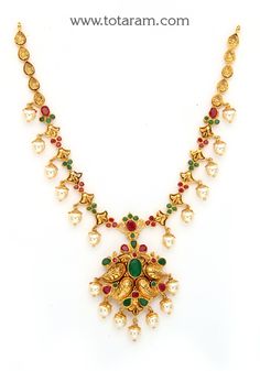 22 Karat Gold Necklace with Color Stones & Japanese Culture Pearls (Temple Jewellery) - 235-GN4312 - in 25.800 Grams for USD $1832.17. 
Made in India by Totaram Jewelers Online this product is in Gold - 22 Karat BIS Hallmark 916 KDM Gold  & is an excellent gift for Adult - Women. Ships fully insured with secured guaranteed delivery for free with your order over $250 from New Jersey USA & comes with 30 days exchange policy. Luxury Beaded Temple Necklace For Festive Season, Luxury Yellow Gold Temple Necklace For Festive Occasions, Luxury Temple Necklace With 17 Jewels As Gift, Luxury Yellow Gold Temple Necklace For Anniversary, Luxury Gemstone Temple Necklace, Luxury Gold Dual-tone Temple Necklace, 22k Gold Necklace, Temple Jewelry Necklace, Gold Temple Jewellery