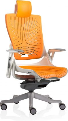 an orange and white office chair with wheels on the back, viewed from the front