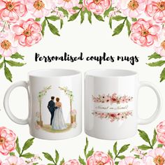 two coffee mugs with the words personalized couples rings on them and pink flowers