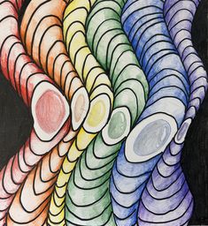 an abstract drawing with colored lines in the shape of circles and spirals on black paper