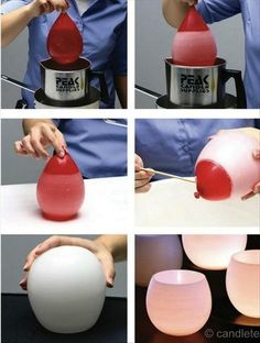 four pictures show the process of making an egg with colored liquid in it, and then being used as a lamp