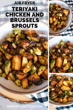 four pictures show different stages of brussel sprouts being cooked in the air fryer