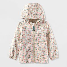 This Printed Softshell Jacket from Cat & Jack™ adds a cute, whimsical look to your toddler's layering options. Made from midweight softshell material with stretch in a regular fit and below-hip length, this cozy hooded jacket helps keep them warm and comfy all day. The front full-length zipper allows for simple layering over their outfits, while the side pockets offer space for stashing small toys and treasures. Cat & Jack™: Designed for all children so you can trust it's made for yours. Playful Spring Outdoor Outerwear, Hooded Raincoat For Spring Playtime, Playful Raincoat For Spring Playtime, Playful Spring Raincoat For Playtime, Multicolor Spring Outerwear For Playtime, Multicolor Spring Playtime Outerwear, Small Toys, Softshell Jacket, Soft Shell Jacket