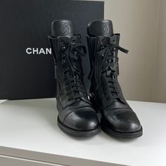 Chanel Quilted Calfskin Combat Boots. Size 36.5 Worn A Couple Times Only. Pristine Condition. Black Chanel Combat Boots, Shoes Chanel, Chanel Shoes, Moto Boots, Combat Boots, A Couple, Calf Skin, Chanel, Size 6