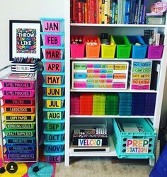 colorful bookshelves and bins in a playroom