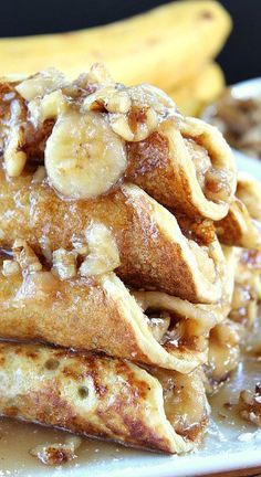 banana nut filled pancakes stacked on top of each other