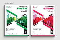 two business brochure covers with cityscape in the middle and below them