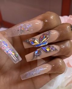 Butterfly Nails Rhinestones, Rhinestone Butterfly Nails, Simple Bling Nails, 3d Butterfly Nails, Nailart Tutorial, Nails Design With Rhinestones, Stiletto Nails Designs, Long Acrylic Nails Coffin