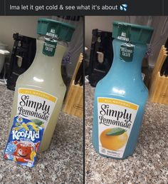 two bottles of simply lemonade sitting on a counter