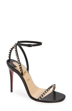 Gleaming cone studs spike the slim leather straps of this Italian-crafted sandal for a look that's barely there but boldly edgy. Christian Louboutin's signature red sole ups the impact. 4" (100mm) heel (size 8.5US / 38.5EU) Adjustable ankle strap with buckle closure Wipe with a soft, dry cloth and store in a dust bag Please note the red lacquer on soles will wear off as a result of normal use. To minimize the effect, avoid wearing in wet weather or on abrasive surfaces Leather upper, lining and Top Women Shoes, Miller Sandal, So Me, Red Lacquer, Strap Sandals Women, Studded Sandals, Buckle Boots, Red Sole, Stiletto Sandals