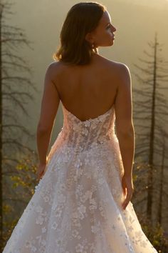 the back of a woman's wedding dress as she stands on top of a mountain