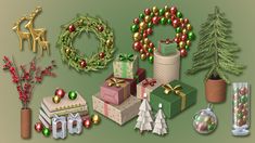 an assortment of christmas items displayed on a green background