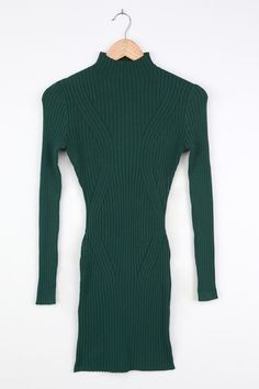 Cozy looks good on you, and so does the Lulus Snug As Can Be Dark Green Ribbed Mock Neck Sweater Dress! Soft, medium-weight ribbed knit shapes this essential sweater dress with a mock neck and fitted long sleeves. A cool cable-knit inspired design adds a subtle texture to the fitted bodice and bodycon mini skirt. Pair with pointed-toe booties for an on-trend look! Fit: This garment fits true to size. Length: Mid-thigh. Size small measures 33" from shoulder to hem. Bust: Great for any cup size. W Ribbed Knit Cropped Sweater, Green Mini Sweater Dress For Winter, Stretch Knitted Sweater Dress, Ribbed Knit Mini Sweater Dress, Winter Ribbed Sweater Dress With Crew Neck, Ribbed Crew Neck Sweater Dress For Winter, Winter Ribbed Crew Neck Sweater Dress, Stretch Ribbed High Neck Sweater Dress, Ribbed Stretch Sweater Dress For Fall