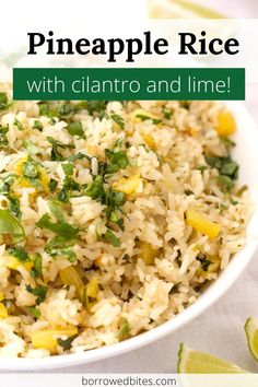 a white bowl filled with pineapple lime rice