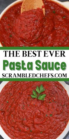 the best ever pasta sauce in a white bowl with a wooden spoon and title overlay