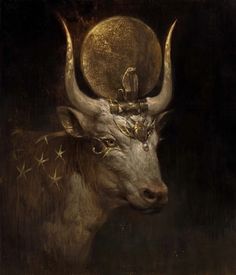 an artistic painting of a bull with horns and stars on it's head, against a black background