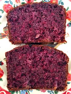 two slices of purple cake on a floral plate