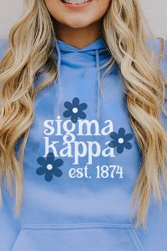 Blue Daisy Hoodie - Sigma Kappa – Spikes and Seams Greek Gamma Phi Beta Shirts, Sigma Kappa Shirts, Zeta Tau Alpha Shirts, Alpha Chi Omega Shirts, Sorority Rush Shirts, Delta Gamma Shirts, Kappa Delta Shirts, Alpha Phi Shirts, Sorority Hoodies